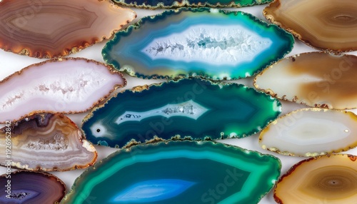 Seamless arrangement of multicolor agate slices forming a natural gradient spectrum