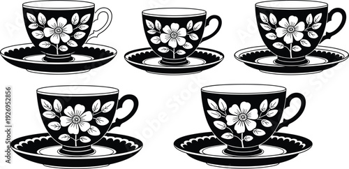 Elegant Black and White Teacup Illustration Set Featuring Vintage Floral Patterns and Saucers in Decorative Vector Style for Classic Tea Party Graphic Design Projects