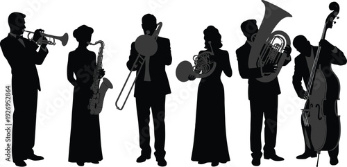 Jazz band musicians silhouette vector illustration, classical orchestra performers playing trumpet saxophone trombone tuba and double bass isolated on white background