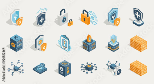 Collection of Various 3D Security Icons and Symbols.