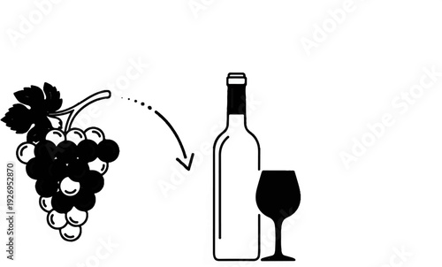 Grapes leading to a bottle of wine and a glass, with an arrow