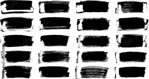A black and white abstract image featuring 25 rectangular brushstrokes in a grid pattern on a plain background