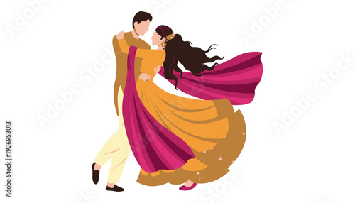 A couple dancing in traditional Indian attire with vibrant colorful clothing