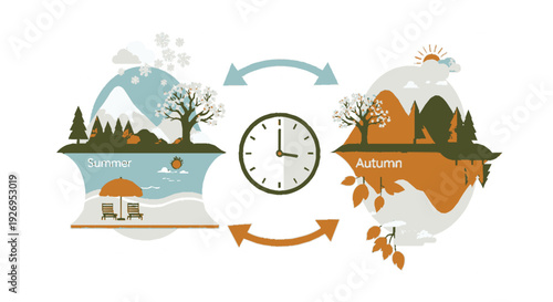 Seasonal cycle illustration showing summer and autumn landscapes with clock symbolizing time passage and change in nature