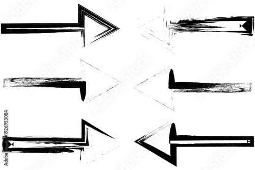 A collection of six black and white abstract arrow icons pointing in different directions