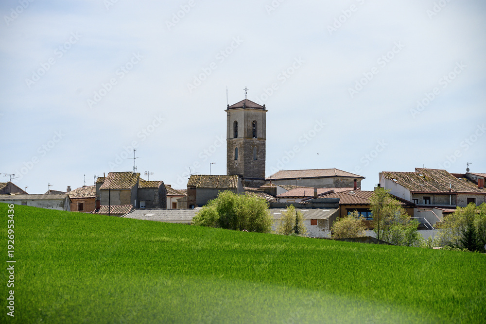 Fototapeta premium Bell tower of San Miguel Arcangel church in Vertavillo rising above green fields