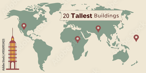 Stylized world map illustrates the geographic distribution of a tall pagoda structure marked with a red location pin across several continents.