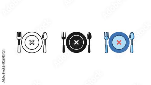 Set of crossed cutlery icons on plates no eating sign dining etiquette rules vector illustration