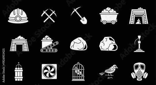 Collection of mining tools and equipment icons on a black background, various shapes.