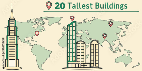 Infographic displays a stylized world map highlighting locations of twenty tallest buildings using green architectural icons and map pins.