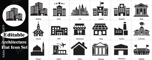 Editable Architecture Flat Icon Set, Building and City Infrastructure Silhouette Icons Collection Including Hotel, School, Hospital, Bank, Restaurant, Airport, Mosque, House, Museum and Urban Landmark