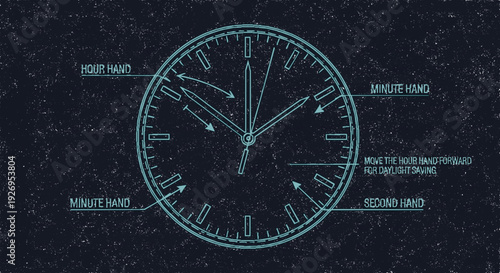 Detailed technical drawing of analog clock face with labeled hour minute and second hands on dark background precise mechanical