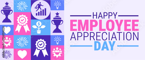 Employee Appreciation Day Pattern Banner or background. Vibrant Purple, Pink, and Blue Tiled Graphic with Repeating Icons for Success, Growth, and Teamwork for Corporate Staff Recognition Events.