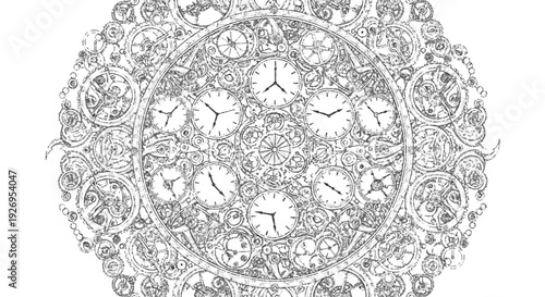 Intricate black and white mandala design featuring multiple clocks and ornate patterns in a circular composition on white background