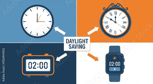 Daylight saving time concept with clocks and watch illustration