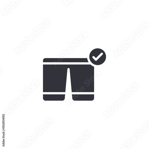 Swim shorts with check mark icon symbolizing approved swimwear, beach fashion, pool dress code, and summer apparel.
