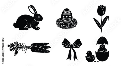 Black silhouette icons represent various traditional symbols associated with the spring holiday.