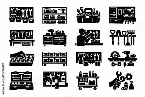 Set repair icon tool vector space diy workshop icons organizer system