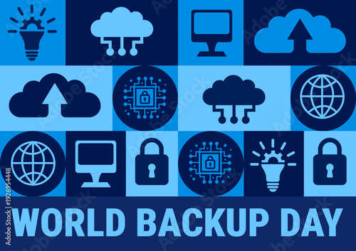World Backup Day Pattern Banner or background. Tiled Blue Tech Graphic with Repeating Icons for Cloud Storage, Data Security, Global Networking, and Computing for Information Technology Awareness.