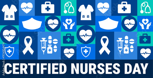Certified Nurses Day Pattern background or banner design. Professional Blue and Teal Tiled Graphic with Healthcare Icons for Medical Uniforms, Stethoscopes, Heartbeats, and Medicine to Honor Nursing.