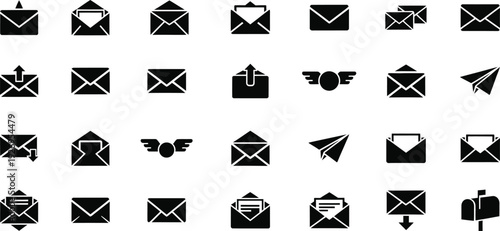 Email icon set . including Envelope, Open Mail, Closed Mail, Outgoing Mail, Mail with Wings, Paper Plane, Incoming Mail, Mailbox, Multiple Envelopes silhouette illustration.
