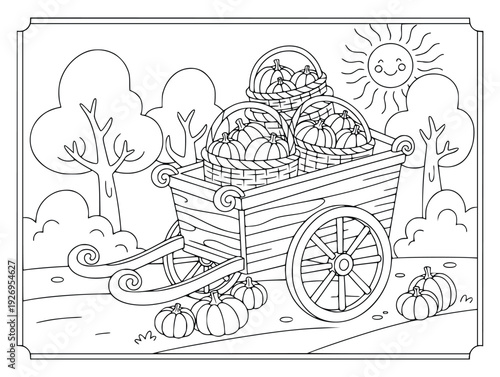 Pumpkin coloring page featuring a wooden cart full of baskets in the garden