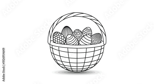 Woven wicker basket filled with decorated Easter eggs presented on a clean white background for crafting.