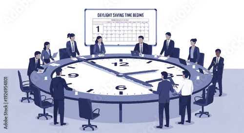 Business professionals gathered around large round table clock discussing daylight saving time schedule in modern office meeting room