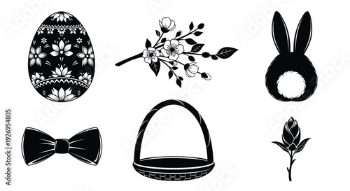 Collection of black and white graphic elements featuring a detailed Easter egg, bow tie, basket, bunny.