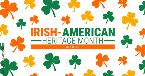 Irish American Heritage Month background or banner design template. Decorative Pattern of Green and Orange Shamrocks and Stars on a White Background Celebrating Irish Cultural Heritage and Pride.