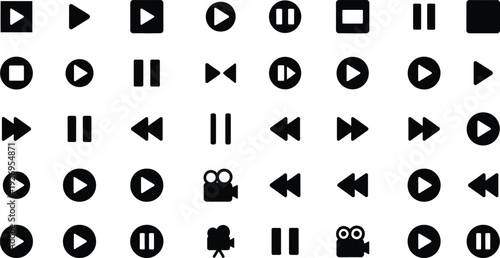 Play Icon set . including Play, Pause, Stop, Rewind, Fast Forward, Video Camera, Record, Skip Back, Skip Forward, Full Screen vector silhouette illustration.
