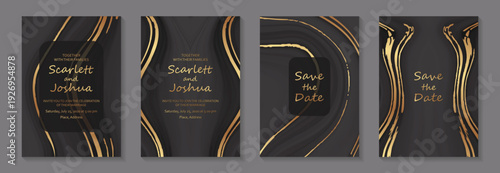 Luxury black liquid marble backgrounds with golden waves for wedding invitations or greeting cards or business.