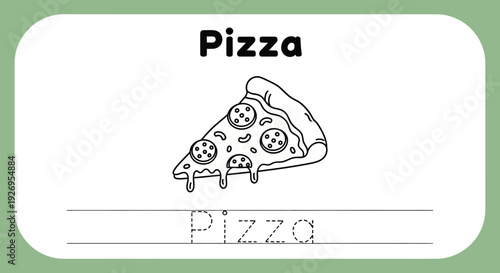 Pizza tracing worksheet for kids. Food coloring page.