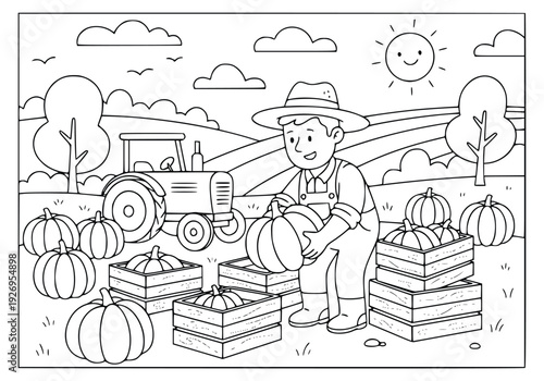 Pumpkin farmer harvesting vegetables in a field with a tractor for coloring page