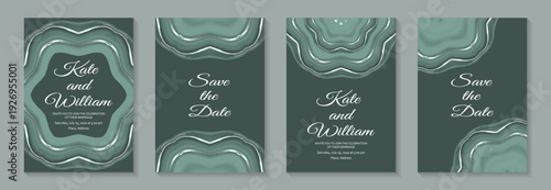 Luxury sage green liquid marble backgrounds with silver waves for wedding invitations or greeting cards or business.