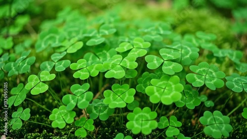 Field of green clovers growing on mossy ground. Lush patch of shamrocks in a natural forest setting. St Patricks Day and nature background