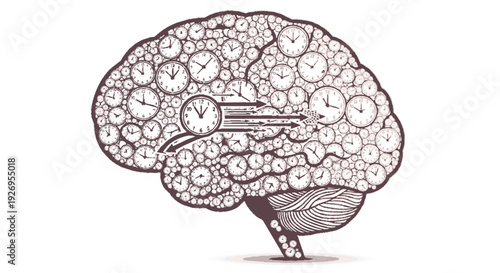 Human brain illustration with clock faces symbolizing time management and mental processes