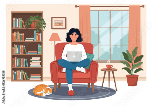 Illustration of a woman sits comfortably in a red armchair with a laptop on her lap, a cat sleeps nearby, and a bookshelf filled with books is in the background
