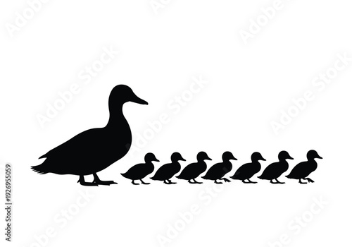 Duck family silhouette. Mother duck leading seven ducklings in a row. Parental guidance and nature concept.