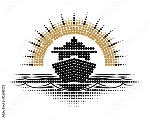dot art vector illustration of cruise ship sailing on wavy water with sun ray background symbol for travel