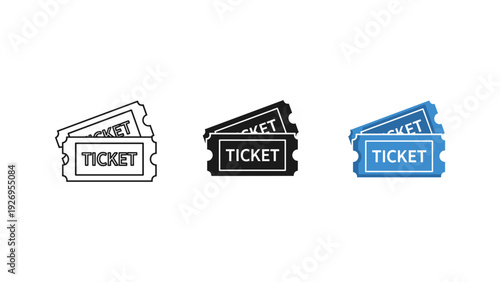 Three blank movie cinema tickets isolated on white background with flat design and modern aesthetic for event promotion