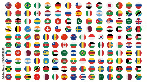 A vast collection of circular national flags representing countries from around the globe, presented in a clean, flat, and modern design style