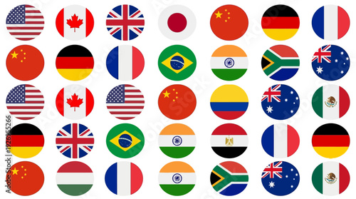 Diverse international flags collection in circular format showcasing global unity and national identity for design projects