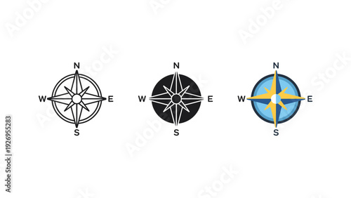 Compass rose designs with world map and navigation symbols for travel and geography concepts