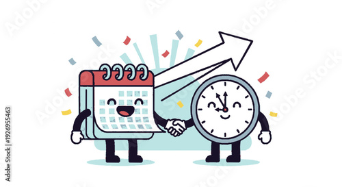 Happy calendar and clock cartoon characters shaking hands with confetti in a bright playful setting