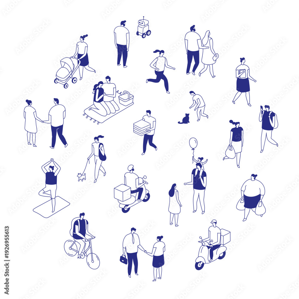 Fototapeta premium Isometric line people isolated set of diverse characters in everyday activities on white background. Minimal blue outline lifestyle bundle with fitness, music, delivery