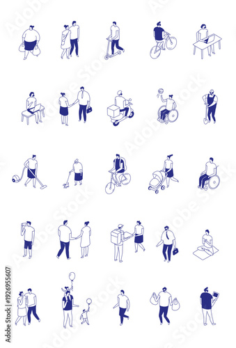 Isometric line people isolated collection showing daily urban life on white background. Minimal blue outline characters include delivery, running, family time, pets and casual city activities.