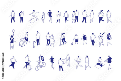 Clean monochrome character lineup showing daily urban actions and casual poses. This isometric line people isolated set features walking, communication and lifestyle moments.