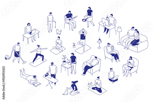 Modern everyday lifestyle bundle with home, work and leisure scenes. Designed as an isometric line people isolated collection with minimal blue outline characters on white.