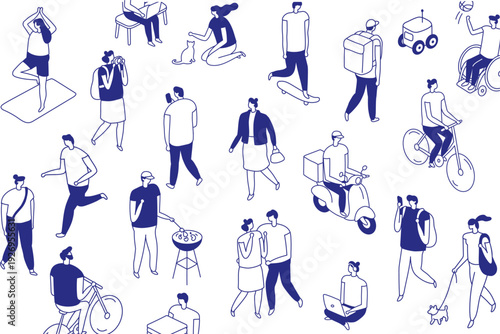 Minimal blue outline collection of diverse characters in everyday urban activities. This isometric line people isolated set shows delivery, family, work and modern mobility scenes on white.